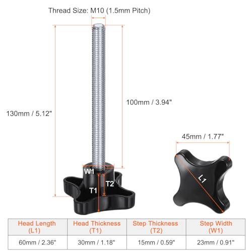 HARFINGTON 2pcs Star Knobs M10 x 100mm Male Thread Plastic 4-Star Stud Knob Hand Tightening Clamping Screw Replacement Threaded Handle, Black - size: M10 x 100mm