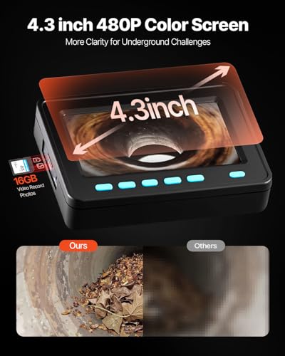 VEVOR Sewer Camera, 98.4 ft/30 m, 4.3" Pipe Drain Inspection Camera with DVR Function and LED Lights, Waterproof IP68 Borescope, Industrial Endoscope for Home Wall Duct Drain Pipe Plumbing - size: 98ft/30m, style: 4.3'' Screen with DVR Function