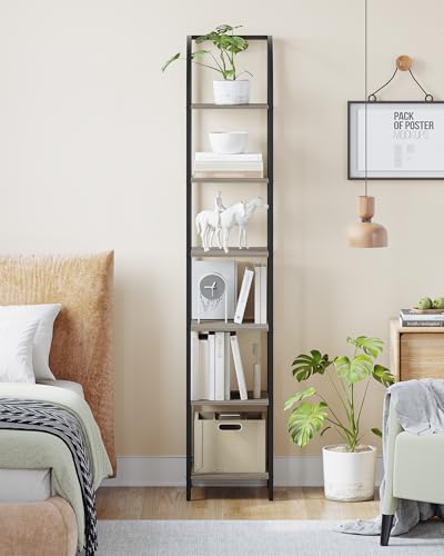 Hzuaneri Bookshelf Narrow Bookcase, Tall Storage Rack with Steel Frame - color: Greige, size: 11.8 × 13.2 × 71.9 inch