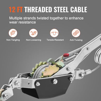VEVOR Come Along Winch, 2 Ton (4,409 lbs) Pulling Capacity, 12 ft Steel Cable, 2 Hooks, Heavy Duty Ratchet Power Puller Tool with Dual Gears, Automotive Hoist Cable Puller Ideal for Vehicle Rescue - size: 2 Ton