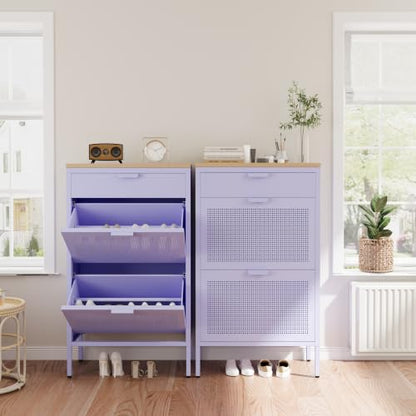 3-Tier Shoe Cabinet with Wood Top and Metal Frame, with Legs, Multi-Functional Metal and Wood Cabinet, Multi-Level Space, Easy Assembly for Home, Entryway, Hallway Purple - color: Lilac, style: Cabinet-40"H-YD