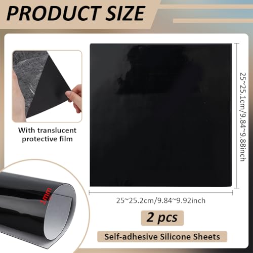 BENECREAT 2Pcs Adhesive Silicone Sheets, Black, 10x10 Inch, 1mm Thick - size: 10x10 Inch, style: Adhesive