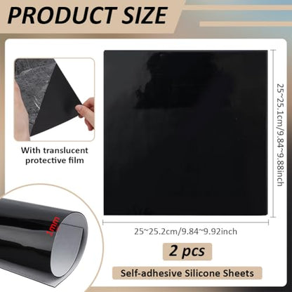 BENECREAT 2Pcs Adhesive Silicone Sheets, Black, 10x10 Inch, 1mm Thick - size: 10x10 Inch, style: Adhesive