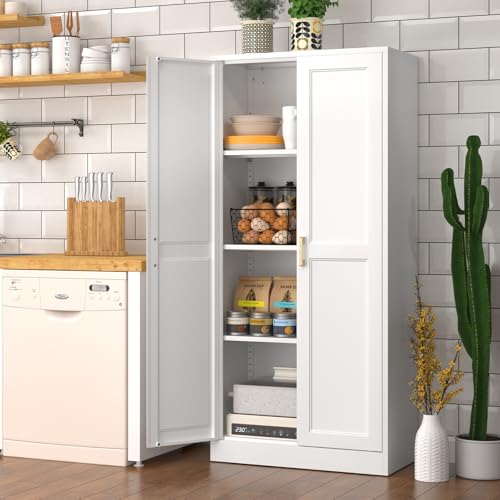 Polup 60" White Metal Kitchen Pantry Storage Cabinet with Doors and Shelves - color: White, size: 60"H with No Drawers