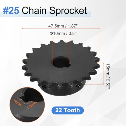 uxcell #25 Chain Roller Sprocket 10mm Bore 47.5mm OD, 22 Tooth C45 Carbon Steel ANSI #25 Roller Sprocket Round Hole with 4x1.8mm Keyway & Set Screws for ISO 04C Chain, Black - size: 10mm Bore 47.5mm OD, 22 Tooth, 4x1.8mm Keyway