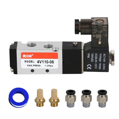 RIH Pneumatics Solenoid Valve 4V110-06 12V/24V/110V Series Single Coil Pilot-Operated Electric 2 Position 5 Way Connection Type (AC110V/Junction Box, 1/8"NPT) - size: AC110V/Junction Box, style: 1/8"NPT