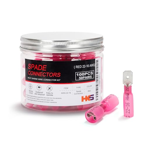 HKS 100PCS/50Pairs Heat Shrink Spade Connector - Red 22-16 AWG Male & Female Electrical Quick Disconnect Wire Connectors Kit Tinned - Automotive Marine Crimp - Waterproof and Insulated（M&F RED 100） - color: Red 22-16AWG, size: Male & Female