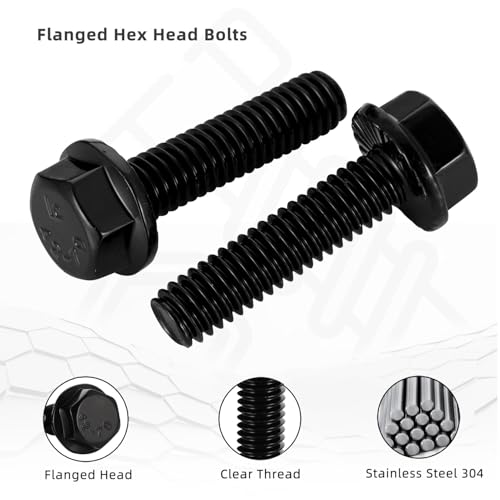 1/4-20 x 1-3/4" Flange Hex Head Bolts, Stainless Steel 304 Black Finish, Fully Threaded, 25 PCS - color: Black, size: 1/4-20 x 1-3/4"