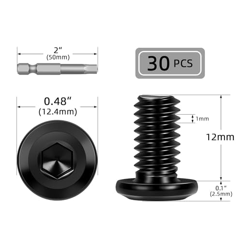 30 PCS M6 x 12mm Flat Head Socket Cap Screws Bolts, Flat Round Head Furniture Allen Bolts, Stainless Steel 304, Black Coating, Screwdriver Bit Included - size: M6 x 12mm