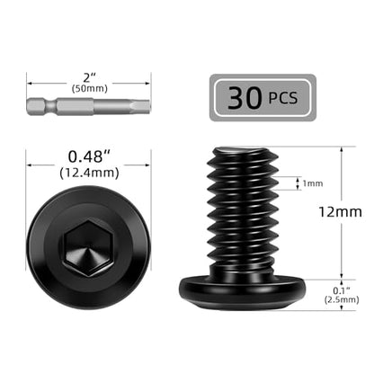 30 PCS M6 x 12mm Flat Head Socket Cap Screws Bolts, Flat Round Head Furniture Allen Bolts, Stainless Steel 304, Black Coating, Screwdriver Bit Included - size: M6 x 12mm