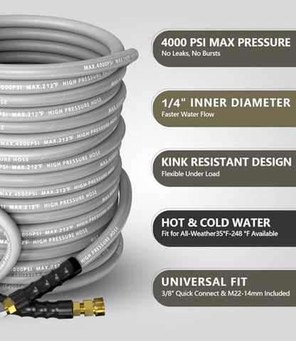 Pressure Washer Hose 200FT with 3/8'' Quick Connect, 4200 PSI - color: Gray, size: 200FT
