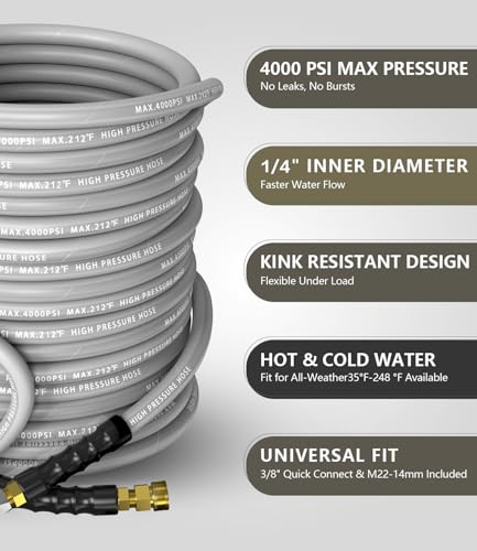 Pressure Washer Hose 200FT with 3/8'' Quick Connect, 4200 PSI - color: Gray, size: 200FT