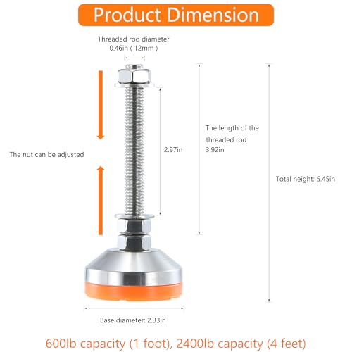 Heavy Duty 2400 lb Capacity Stainless Steel Adjustable Leveling Feet for Shelving,Machinery Devices, Workbench,Furniture,M12 Thread, 2.33inches Dia Base, Anti-Slip Nylon Pad - color: Orange, size: B2.33in x M12 x H3.94in