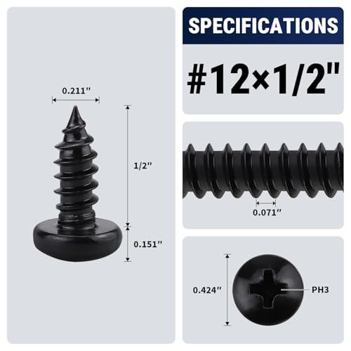 #12 x 1/2" (50 Pack) Stainless Steel Pan Head Self Tapping Screws, 304 SS (18-8) Black Coated, Phillips Drive Round Head Corrosion Resistant Screws for Wood & Sheet Metal - size: #12 x 1/2"