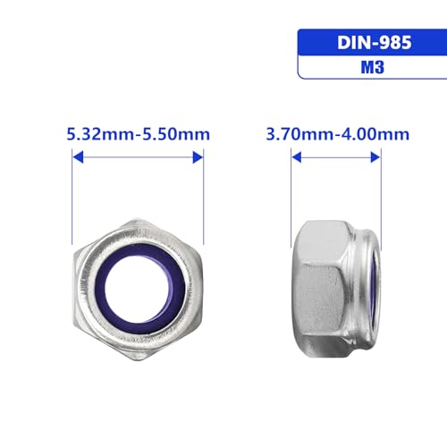 M3-0.5 Nylon Insert Lock Nuts, Stainless Steel 304 (18-8) Lock Nuts with Nylon Insert, 100pcs - color: Silver, size: M3-0.5