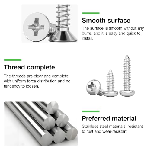 1220Pcs 304 Stainless Steel Self Tapping Screws Assortment Set, M3/M4/M5 Flat Head & Round Head Self Tapping Screws Assortment Set, Phillips Drive Wood Screw Assortment Kit - size: M3/4/5-1220Pcs