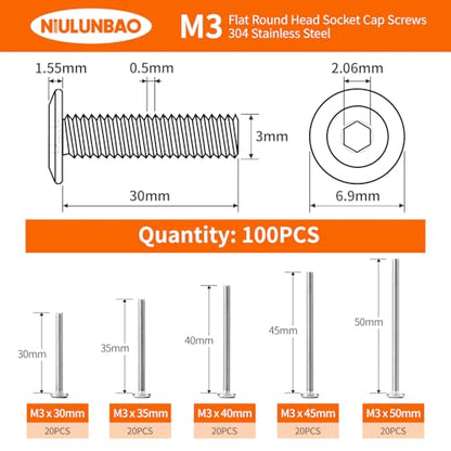 M3 x 30mm 35mm 40mm 45mm 50mm Flat Round Head Hex Socket Cap Screws Bolts, Furniture Screws, 304 Stainless Steel, Metric Fully Threaded, Allen Hex Drive, Bright Finish, Assortment Kit 100PCS - size: M3 x 30/35/40/45/50mm (100PCS)