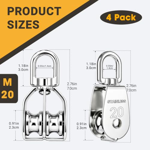 4PCS M20 Heavy Duty Rope Pulley Block | 304 Stainless Steel Heavy Duty Lifting Crane Swivel Hook for Hanging Wire and Crane Operations - size: 4P-M20