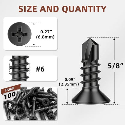 Mellewell #6 x 5/8" Black Flat Head Sheet Metal Screws, 100 PCS - color: Black, size: #6 x 5/8"