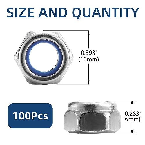 M6 x 1.0mm Nylon Insert Hex Lock Nuts 100Pcs 304 Stainless Steel Locknuts, Hex Drive, Bright Finish, by SG TZH - color: Silver, size: M6