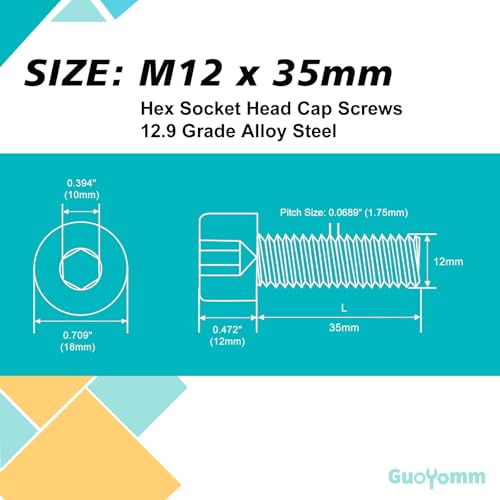 M12-1.75 x 35mm 6pcs Hex Socket Head Cap Screws Bolts, 12.9 Grade Alloy Steel, Black Oxide Finish, Metric Allen Hex Drive, Full Thread - size: M12 x 35mm(6PCS)
