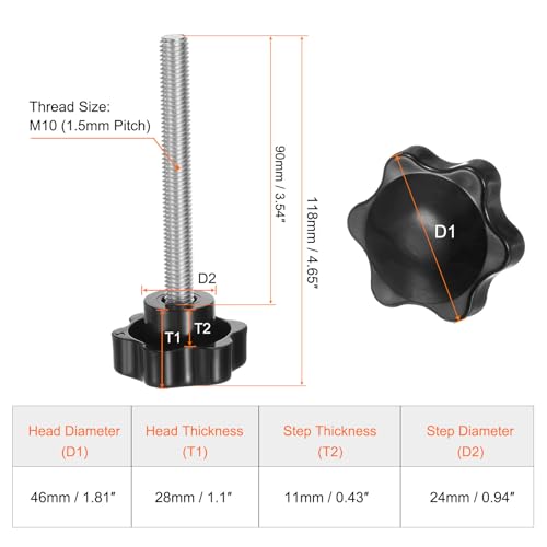 HARFINGTON 4pcs Star Knobs M10 x 90mm 304 Stainless Steel Threaded Stud 46mm Plastic 6-Star Head Hand Tightening Thumb Screw Clamping Jig Knob Handle, Black - size: M10 x 90mm x 46mm