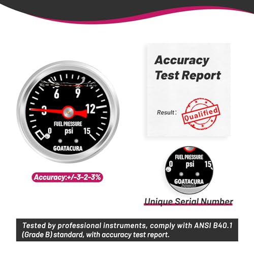0-15psi Glycerin Filled Fuel Pressure Gauge, 1-1/2" Black Dial Size, 304 Stainless Steel Case, 1/8" NPT Center Back Mount, with High Accuracy, for Measuring Fuel Pressure - size: 0-15psi, style: Back Mount(Black Dial)