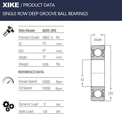 XIKE 6005-2RS Sealed Deep Groove Ball Bearings, 25x47x12 mm, 10-Pack - size: 6005-2RS - 25x47x12 mm