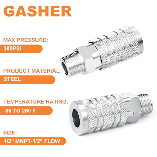 GASHER 2PCS 1/2-Inch Female Quick Connect Air Coupler, 1/2 Basic Flow Industrial Coupler，For Air Compressor Quick Connect Air Hose Fittings Set - size: 1/2" FNPT - 1/2Flow