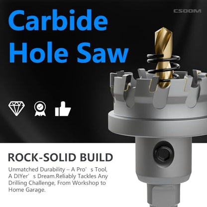 CSOOM TCT Hole Saw Set, 2-Piece 1-1/2” (38mm) Heavy Duty Carbide Tipped Cutter for Stainless Steel, Iron, Metal, and Plastic Bench, Spring Guided Drill Bits Included - size: 1-1/2"(38mm)