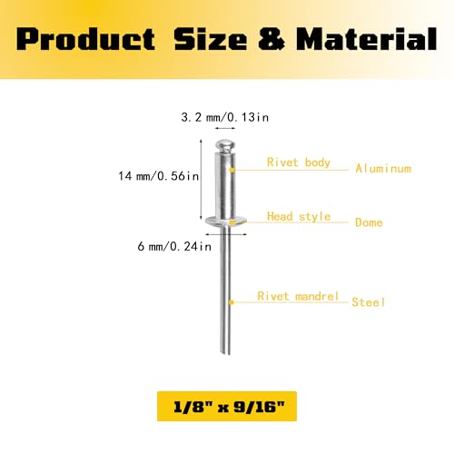 300 pack 1/8" x 9/16" Silver Pop blind Rivets, 3.2 mm x 14 mm pop rivets, Aluminum Body Steel Mandrel Rivets, Dome Head aluminum rivets (Choose Your Size) - size: 1/8" x 9/16"(3.2 mmx14 mm)