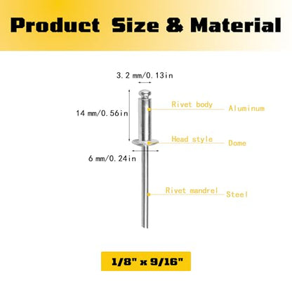 300 pack 1/8" x 9/16" Silver Pop blind Rivets, 3.2 mm x 14 mm pop rivets, Aluminum Body Steel Mandrel Rivets, Dome Head aluminum rivets (Choose Your Size) - size: 1/8" x 9/16"(3.2 mmx14 mm)