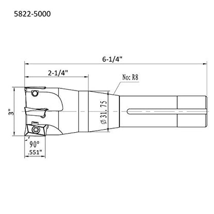 HHIP 5822-5000 90 Degree R8 Indexable End/Face Mill, 3" - size: 3 in, style: R8
