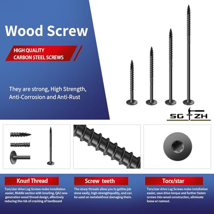 #14 x 6 Inch Outdoor Structural Wood Deck Screws (37Pcs/2lb), Carbon Steel, Black, Flat Head, Rust Resistant Epoxy Coated, T30 Star Bit - color: Black, size: #14 x 6"
