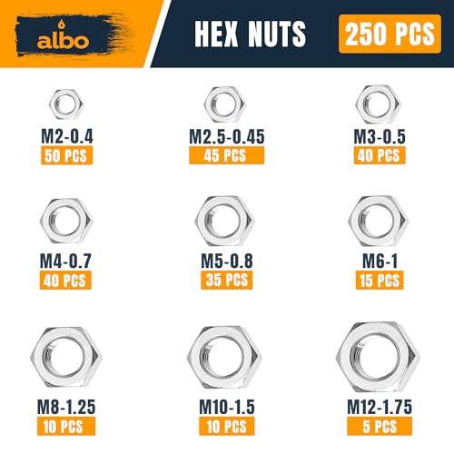 ALBO 250 PCS Metric Hex Nuts Assortment – Stainless Steel 304 Hardware Nuts Set (M2 to M12) – Metric Nut Assortment in Reusable Box - size: Metric Set 250pcs