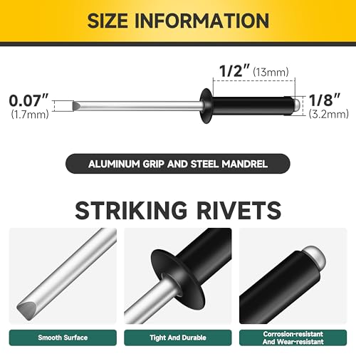Mywish (300Pcs) 1/8" x 1/2" Black Blind Pop Rivets Aluminum Grip and Steel Mandrel Blind Rivets, Open End 1/8 Rivets for Metal - size: 1/8" x 1/2"