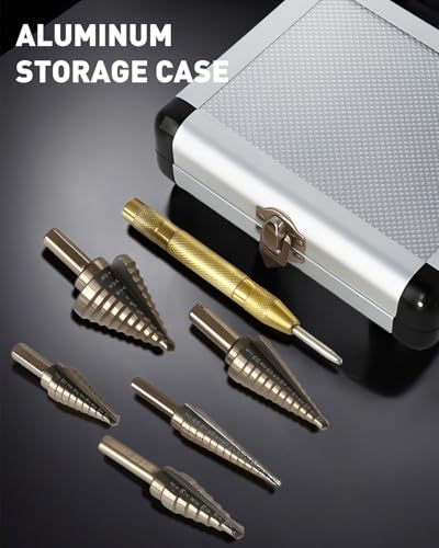 COMOWARE Step Drill Bit Set & Automatic Center Punch- Black and Gold, Double Cutting Blades, High Speed Steel, Short Length Drill Bits Set of 5 pcs, Total 50 Sizes with Aluminum Case - size: Black & Gold 5pcs