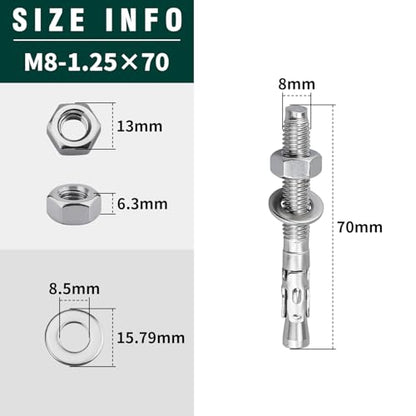 10-Pack M8-1.25 x 70 Wedge Anchors, Stainless Steel 304 (18/8), Concrete Anchor for Heavy-Duty Projects - size: M8-1.25 x 70