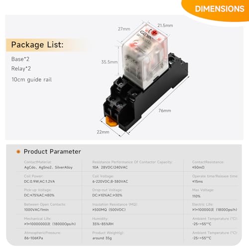2PCS Electromagnetic Power Relay, 8-Pin DC 12V 10Amp DPDT Relay,LED Indicator, GR5-Y2CLGT with Socket Base and DIN Rail - size: 12VDC-2pcs