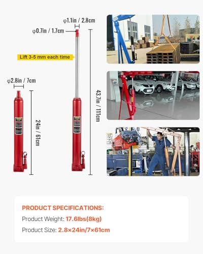 VEVOR 4 Ton Hydraulic Long Ram Jack, Cherry Picker Ram with Single Piston Pump, Manual Engine Hoist Cylinder with Handle and Flat Base, for Garage & Engine Lifting, Red - color: Red