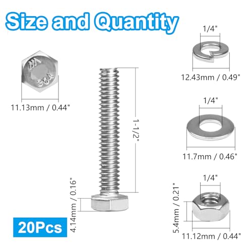 MroMax 20 Sets 1/4-20 x 1-1/2" Hex Head Screw Bolt, Nuts, Flat Washer & Spring Lock Washers Kits,Fully Threaded, Stainless Steel 18-8（304）, Bright Finish - size: 1/4-20 x 1-1/2" (20 Sets)