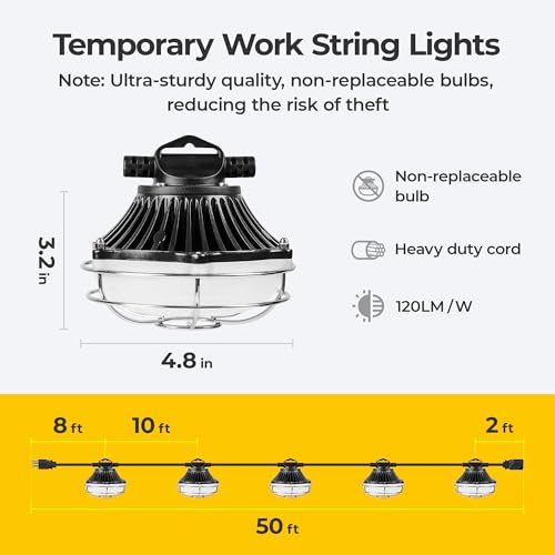 50FT 125W Aluminum String Light,Temporary Construction Light,ETL Certified - size: 50FT