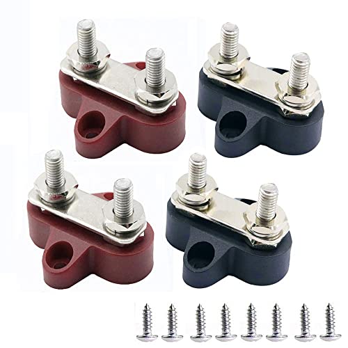 Heart Horse Bus Bar Terminal Block, Battery Power Stud Junction Post, M6 Dual Power Distribution Block for Truck RV Boat, Heavy Duty Stainless Steel 48V 250A (2 pcs Red + 2pcs Black, 1/4") - size: 1/4’’