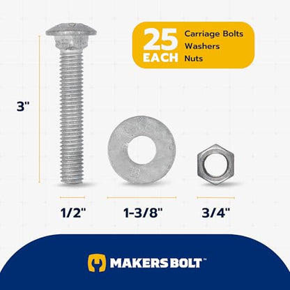1/2" x 3" (25 Pack) Galvanized Carriage Bolt Kit Grade 307A Includes 1/2" USS Flat Washers (25 pcs) and 1/2"-13 Hex Nuts (25 pcs), Hot Dip Galvanized for Exterior Use by Makers Bolt - size: 1/2 x 3