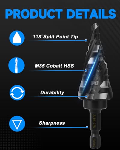 M35 Cobalt Step Drill bit, 1/4 Inch Hex Shank, 3/16-7/8" 12 Sizes - size: 3/16"-7/8"