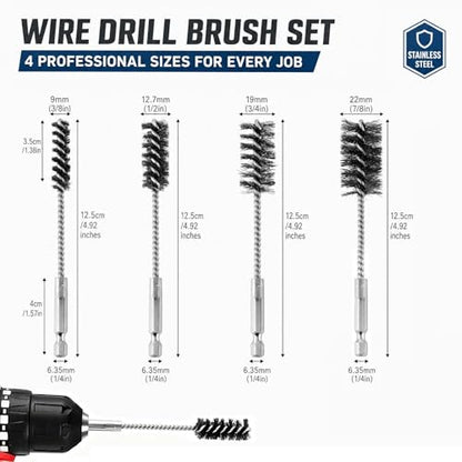 4 PCS Stainless Steel Wire Brushes,Hex Shank Handle Small Wire Brushes,for Drill Ports Tubes Bearings Cleaning Parts Attachments and More,3/8'',1/2'',3/4'',7/8''