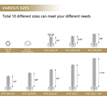 142 Pieces #10-24 x 1/4", 5/16", 3/8", 1/2", 5/8", 3/4", 1", 1-1/4", Hex Socket Head Cap Screws Nuts Washers Assortment Kit, 304 Stainless Steel, Fully Machine Thread - size: #10-24, style: Socket Head