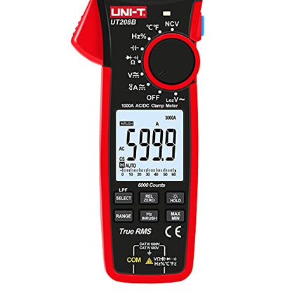 UNI-T Digital Clamp Meter UT208B Inrush Current AC/DC 1000A TRMS HVAC Volt Amp Ohm Meter Clamp On Multimeter Auto Ranging 6000Counts Voltage Frequency LPF ACV Capacitance Duty Cycle Temperature Tester - size: UT208B