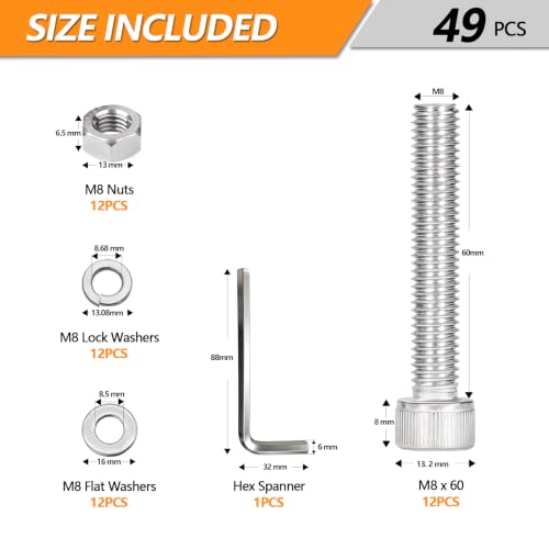 12 Sets Metric M8 Hex Socket Head Cap Screws Bolts Kit, M8-60mm Screws - size: M8 - 60mm