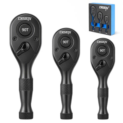 DISEN 3PCS Stubby Ratchet Set 1/2", 3/8", 1/4" Drive Socket Wrench, Black - size: 3PC Black Stubby Ratchet Set